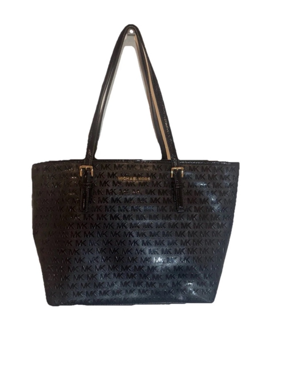 Michael Kors Black Patent Logo Tote with Gold Hardware